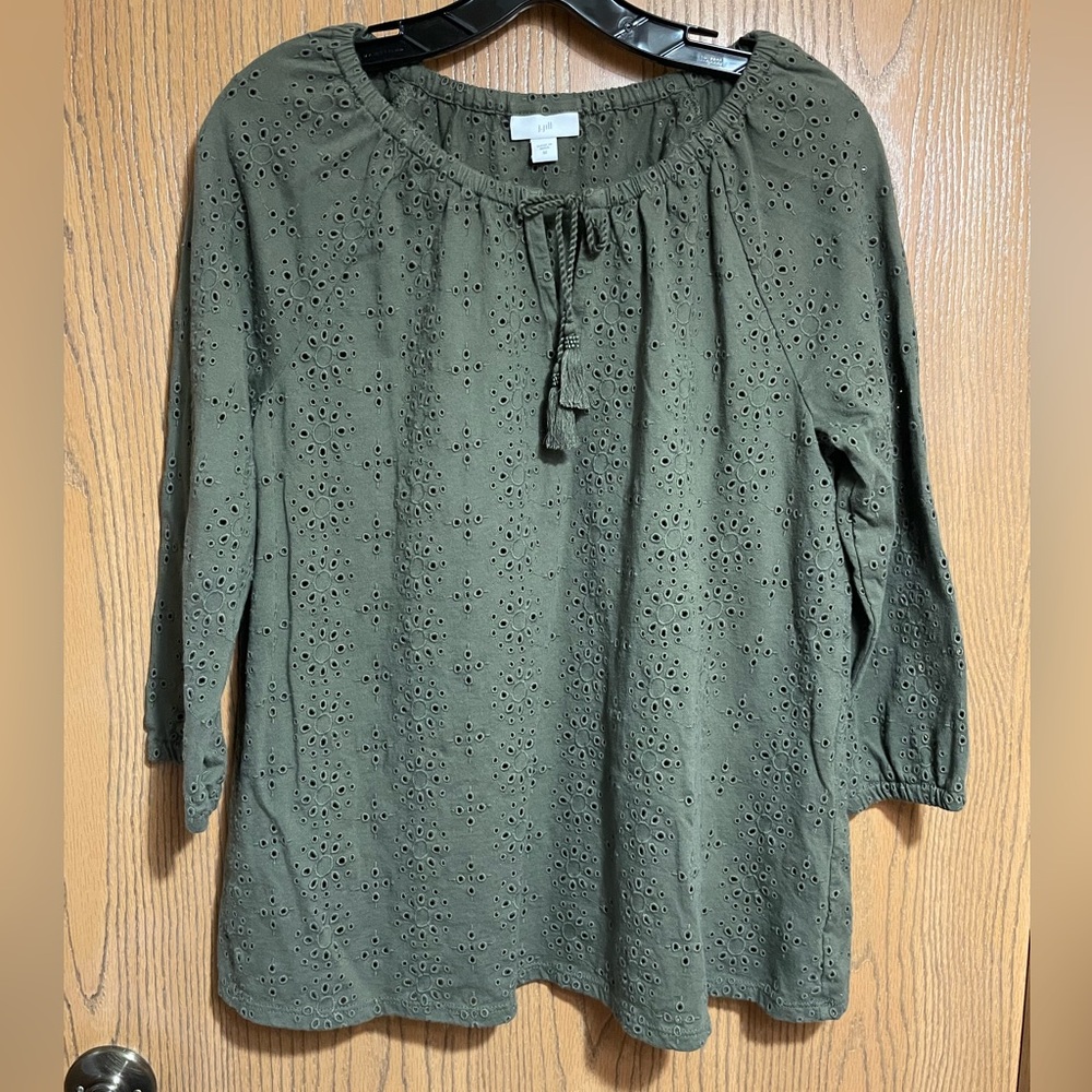 EUC J. Jill Green Blouse with Eyelet Design and Tie Front with Tassels